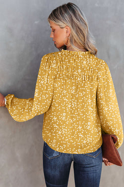 Crushed yellow printed blouse with split collar and fall