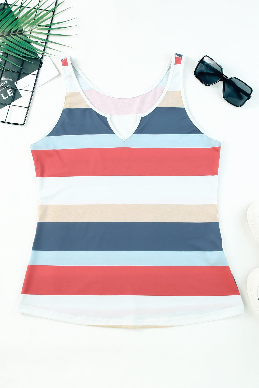 Multicolor Striped Color Block Notched Neck Tank Top