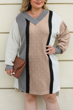 Large -size color lock apricot sweater dress