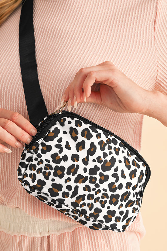 White multi-layer zipped shoulder bag with cheetah print