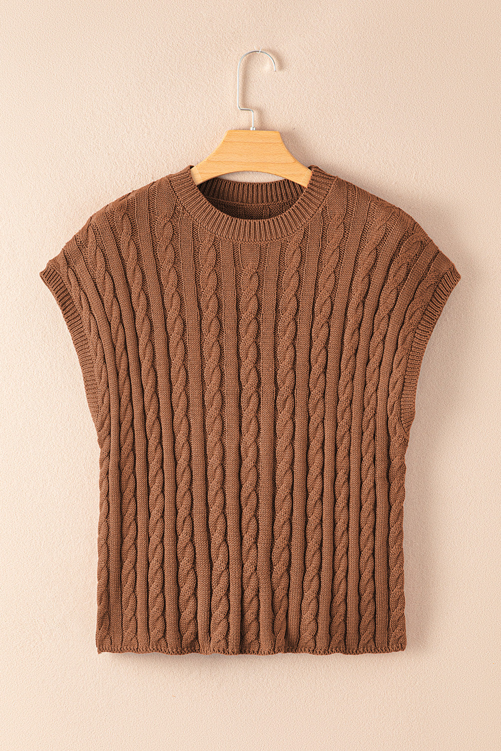 Chestnut Crew Neck Cable Knit Short Sleeve Sweater