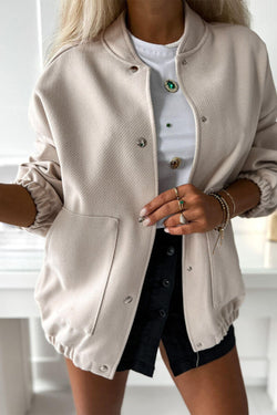 Beige bomber jacket with pockets and baseball collar