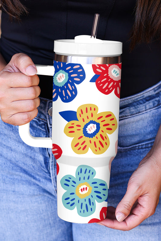 Tasse à vide en acier inoxydable à motif de fleurs blanches avec poignée 40oz