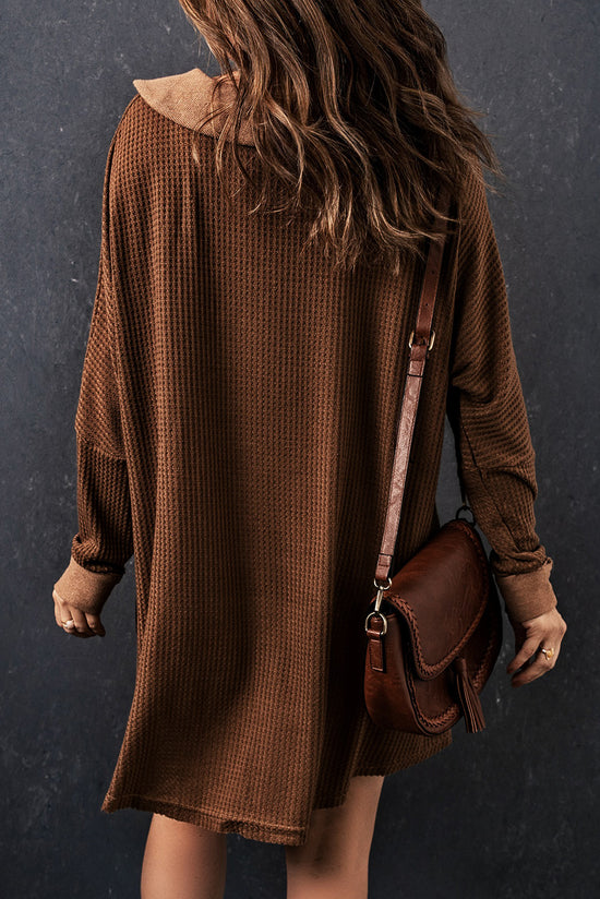 Brown Waffle Knit Button-Up Long Sleeve Top