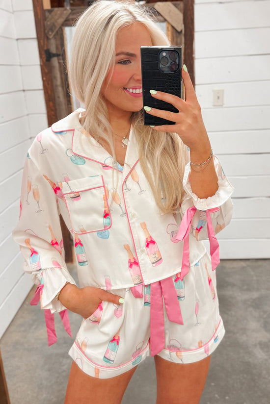 Two -piece white pajama set with wine glass print and Christmas butterfly knot