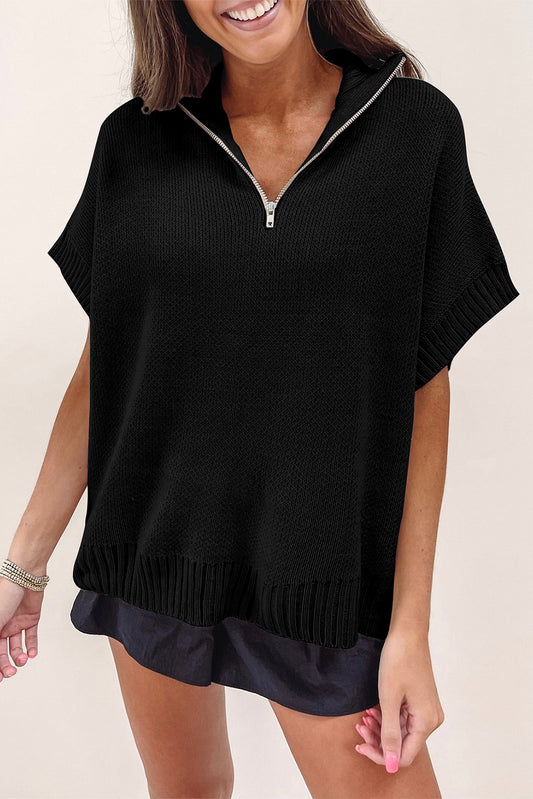 Black Quarter Zip Short Batwing Sweve Sweater