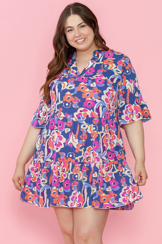 Blue Plus Size Blumendruck gekräuselt 3/4 Ärmeln Mini -Kleid