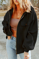 Black hooded zipped jacket with tightening cord and flap pocket