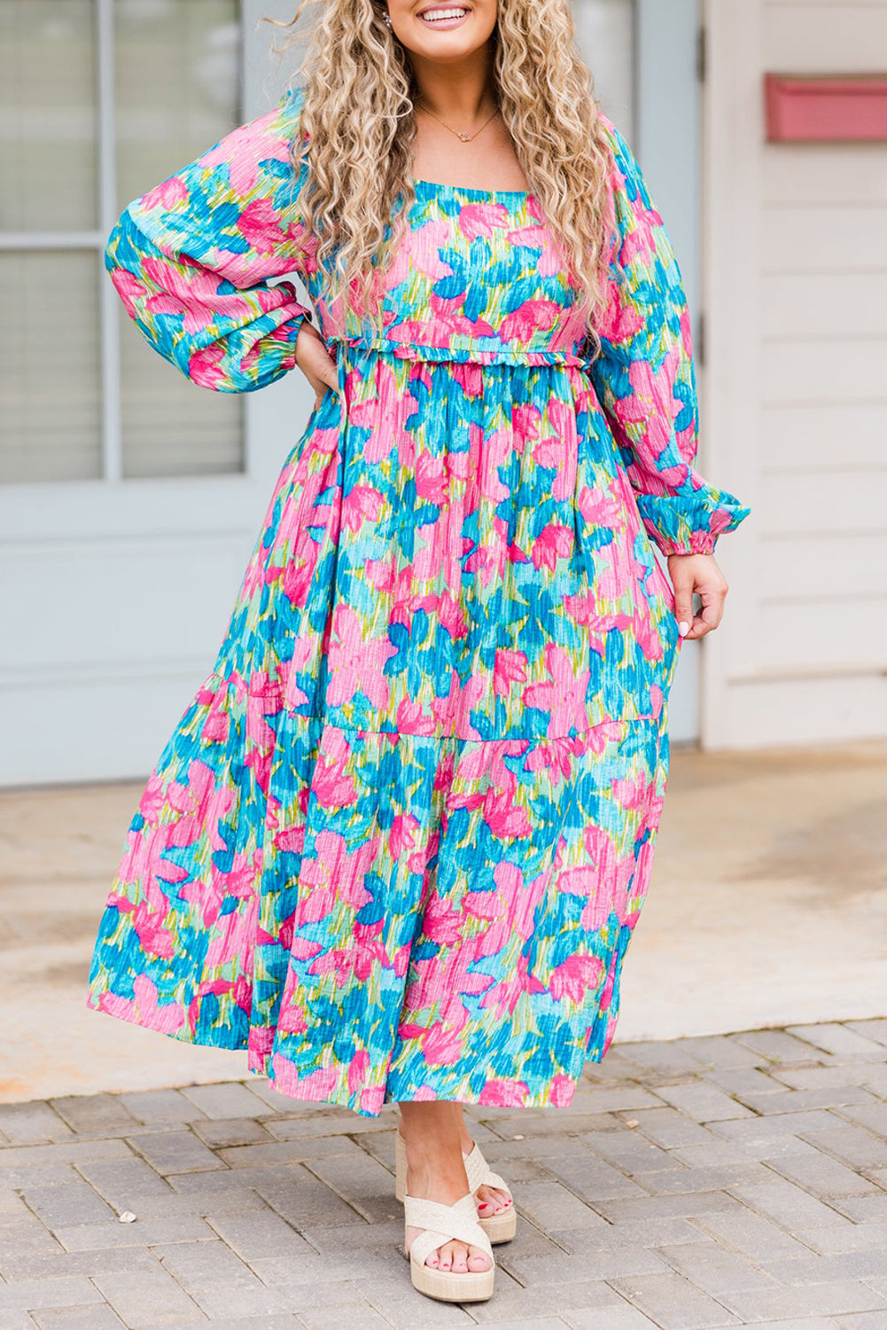 Long print dress floral print and gathered square blue sky blue size