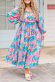 Long print dress floral print and gathered square blue sky blue size