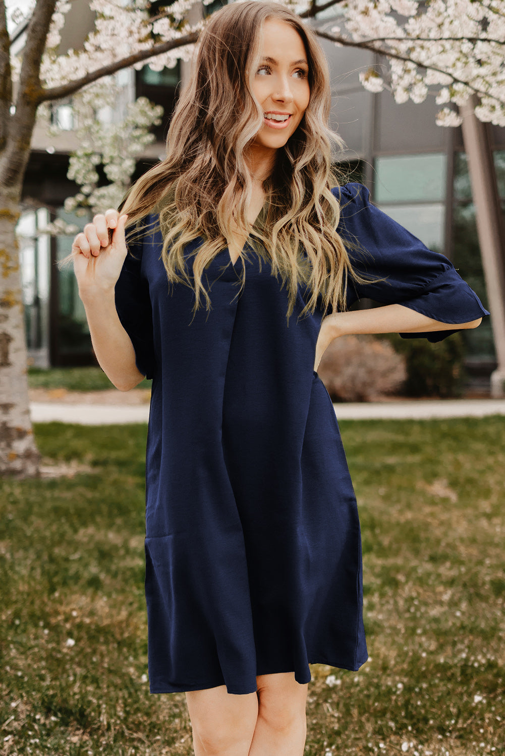 Blue straight dress with ruffled sleeves