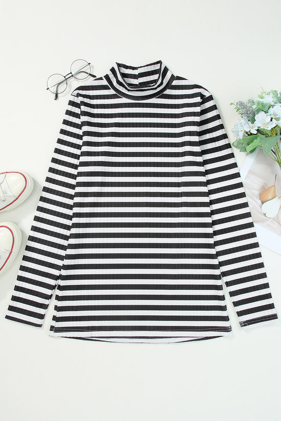 Black Striped Textured Knit Long Sleeve T-Shirt