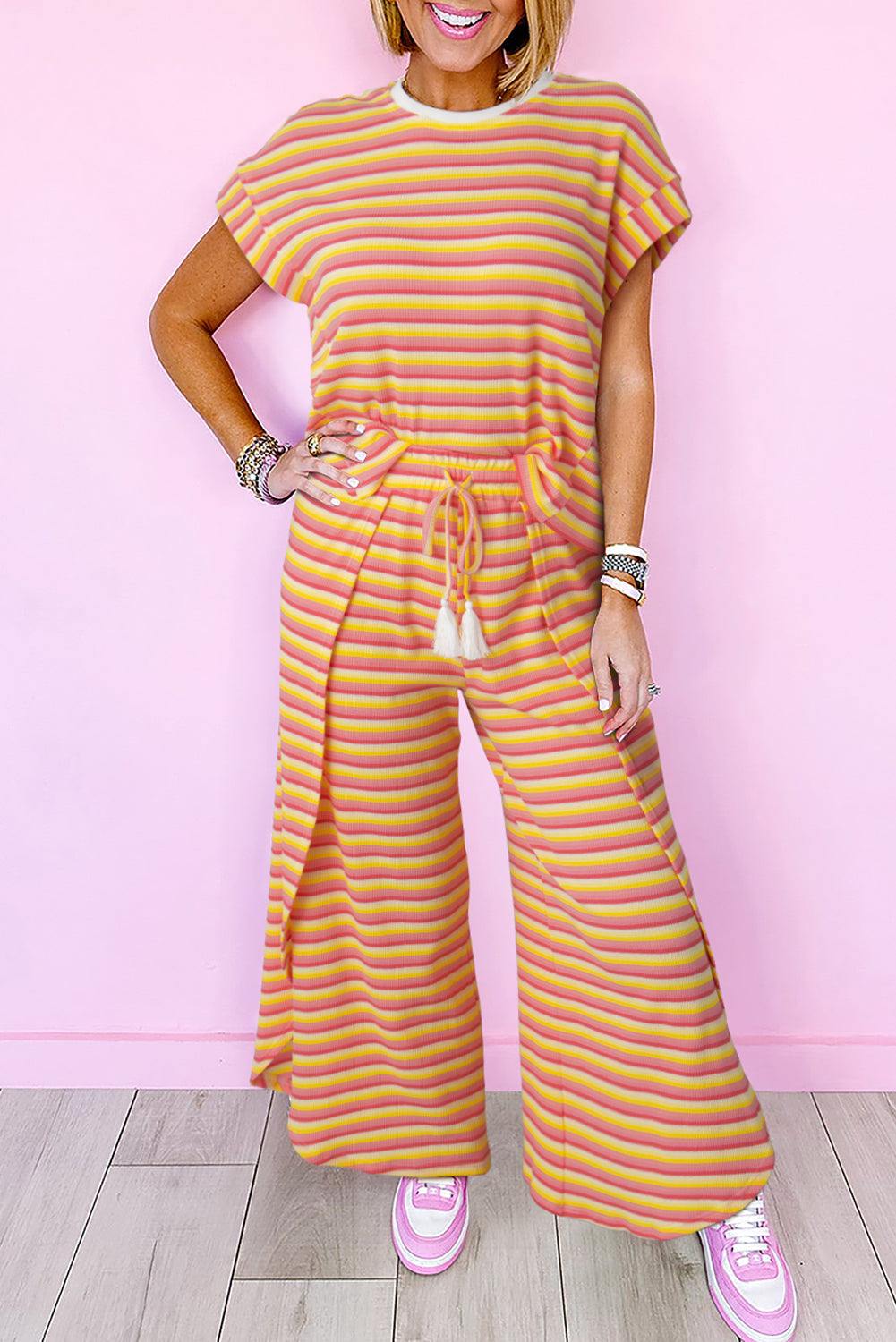 Wide leg pants set with yellow striped rainbow t-shirt and fringed string