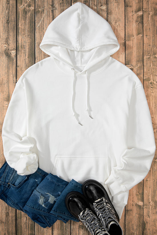 White thick hooded sweatshirt with kangaroo pocket and polar lined tightening cord