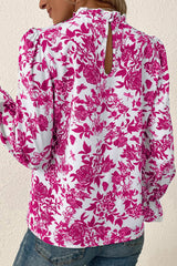 Chemisier rose à imprimé floral et manches à volants avec trou de serrure dans le dos-A WOMAN WE LOVE