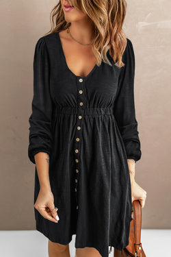 Black high waist buttoned long sleeve dress