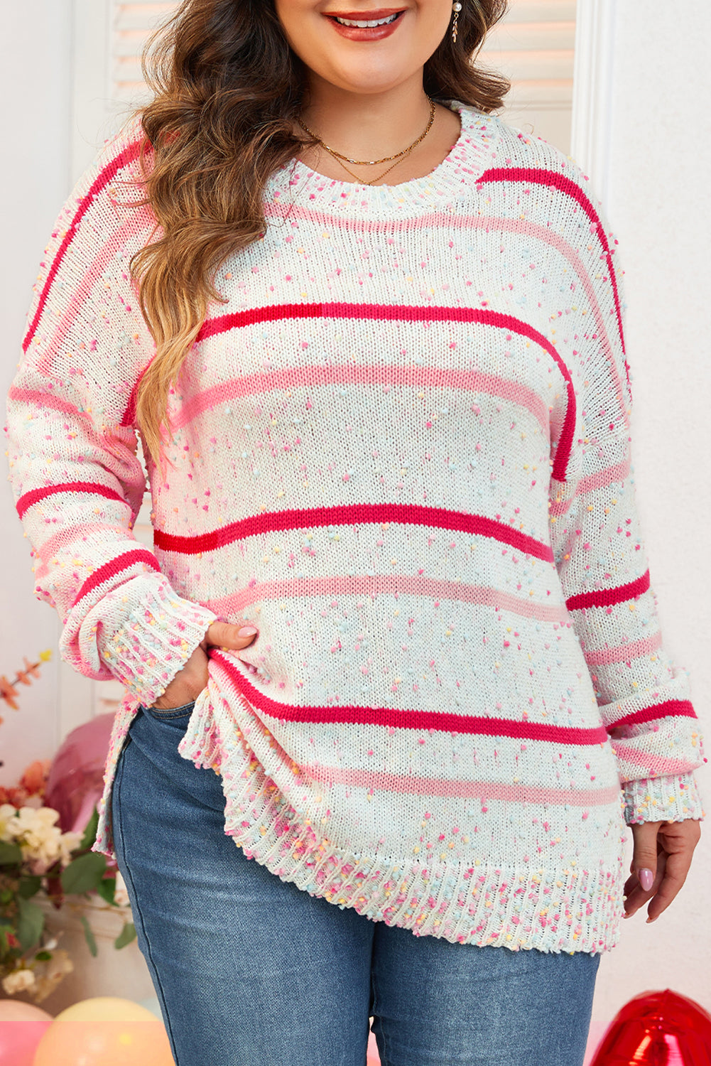 Pink striped sweater, dropped shoulders, side slit, plus size