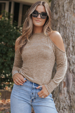 Marbled Knit Off Shoulder Long Sleeve Khaki Top