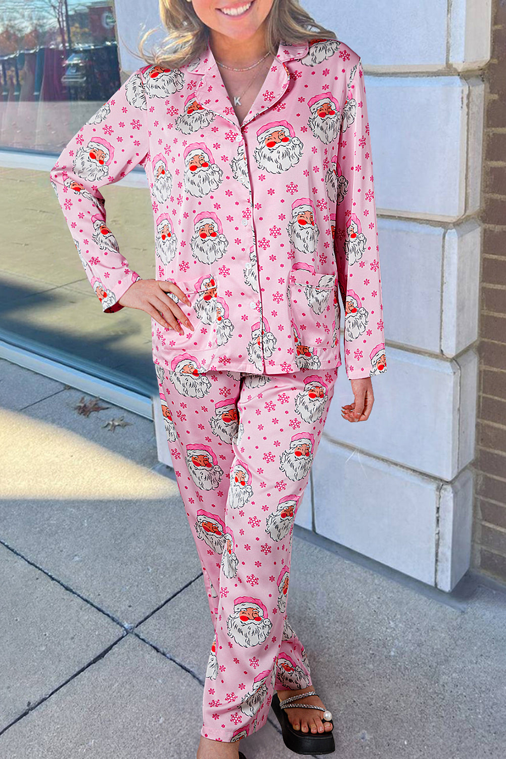 Ensemble pyjama de Noël avec chemise à manches longues et flocon de neige du Père Noël rose-A WOMAN WE LOVE