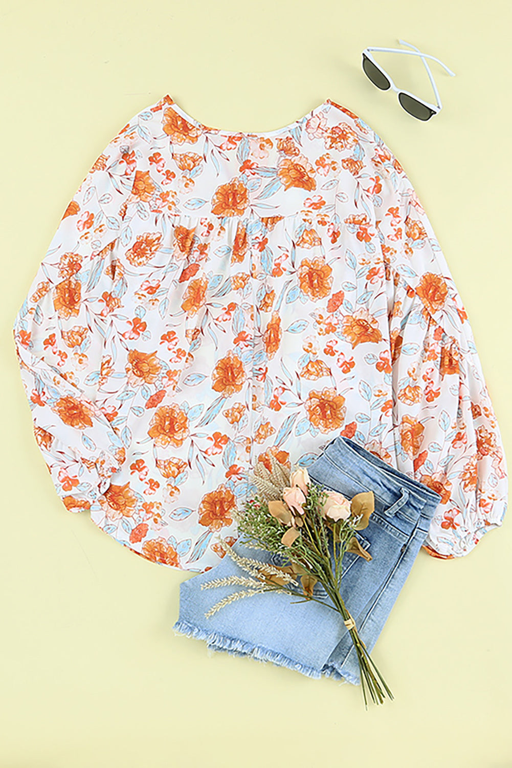 Orange Split V Neck Blumendruck Dolman Bluse