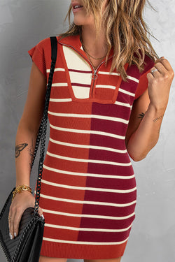 Brown sweater dress with colored colors with zipped collar and short sleeves