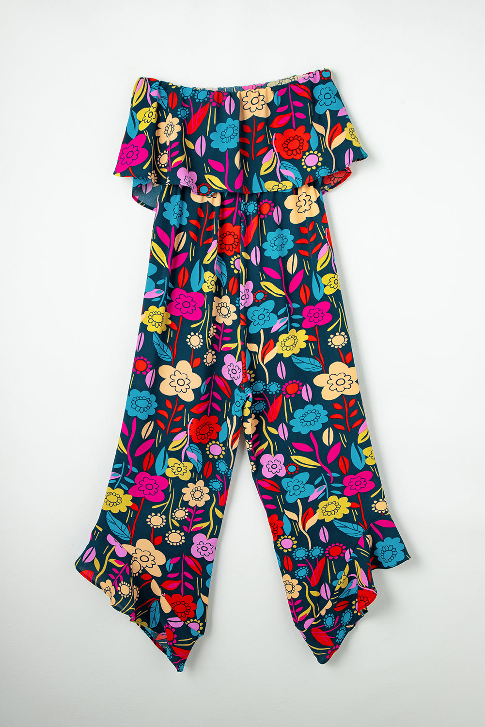 Red Mix Tropical Print trägerloser gekräuselter Jumpsuit