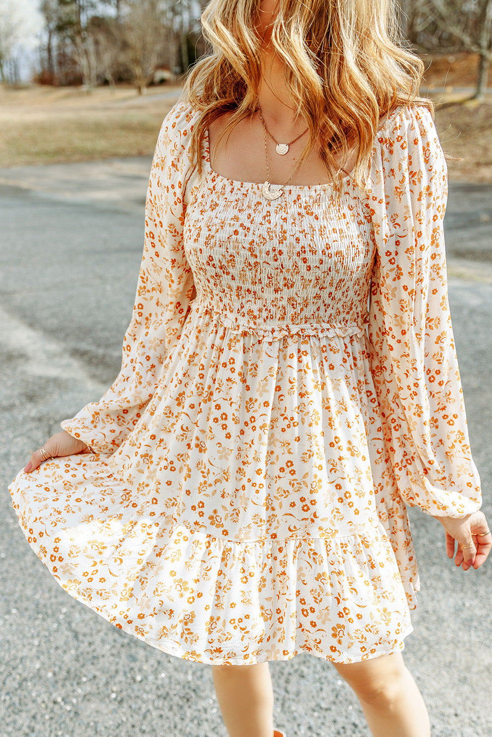 Apricot smocked puff sleeve floral bohemian mini dress