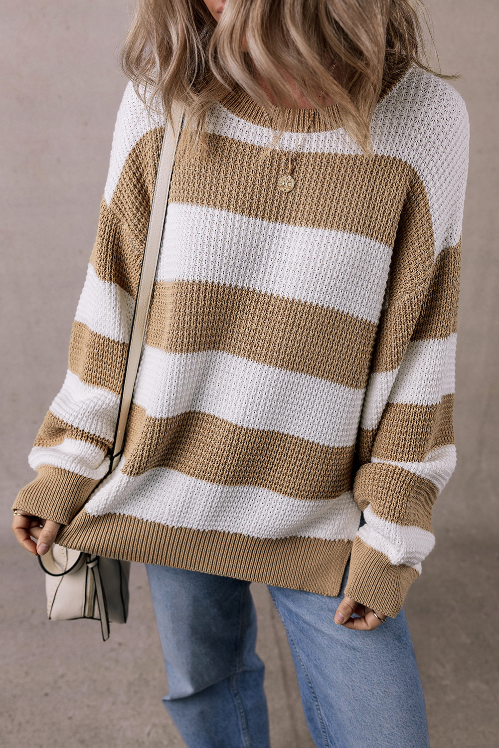 Light French Beige Colorblock Striped Drop Shoulder Side Slit Sweater