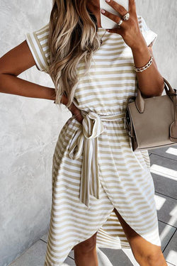 Khaki Striped Short Sleeve T-Shirt Dress with Wrapped Hem and Belt