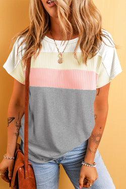 T-shirt gris côtelé en patchwork color block *