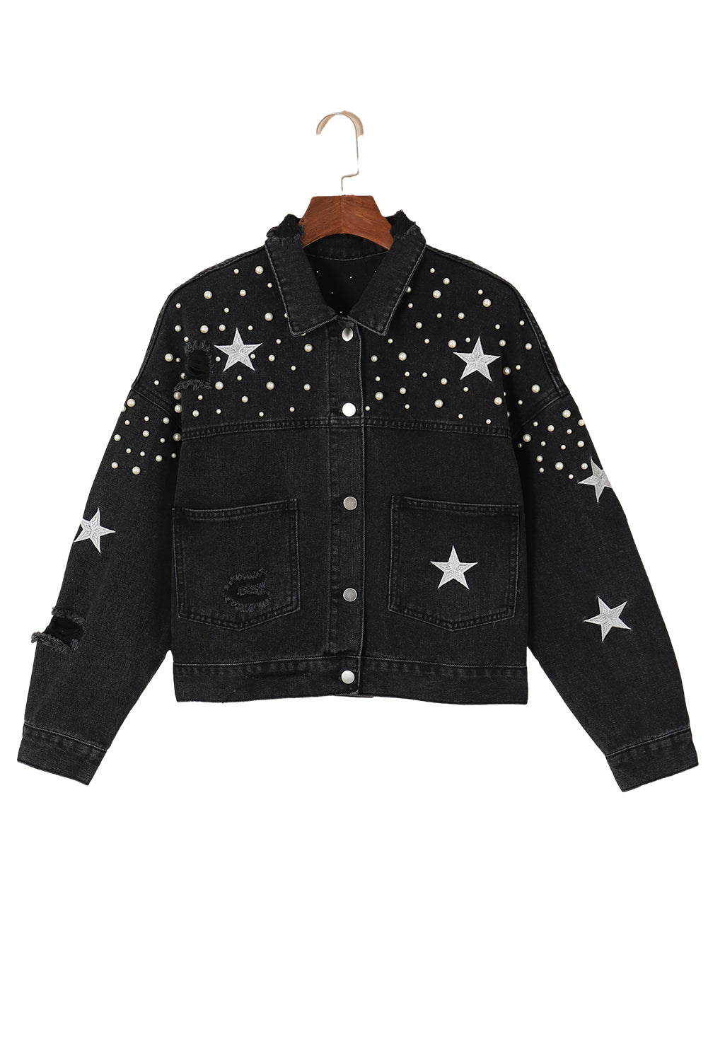 Schwarz Distressed Pearls Star Cropped Jeansjacke