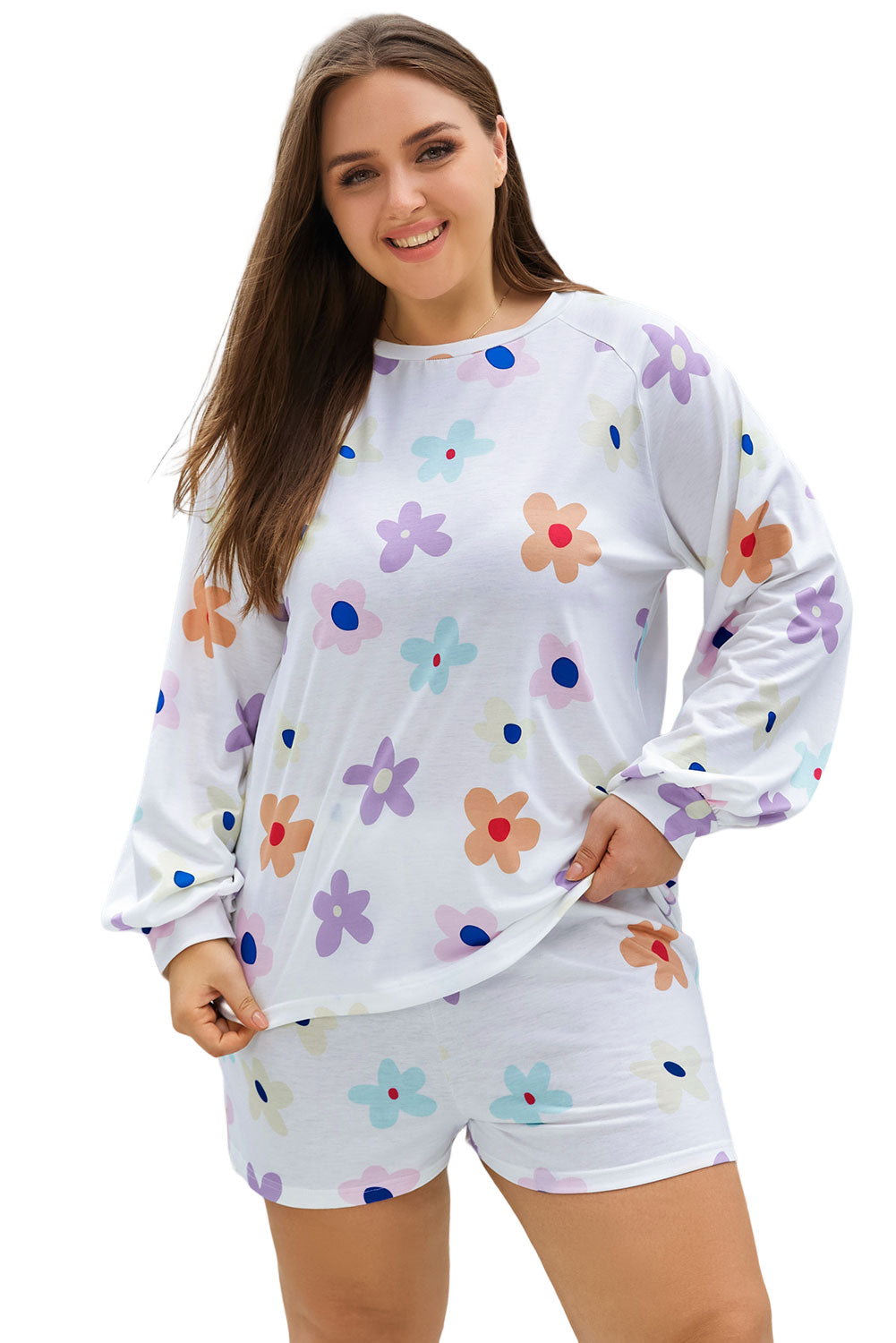 White Plus Size Flower Print Raglan Pullover and Shorts Tenue