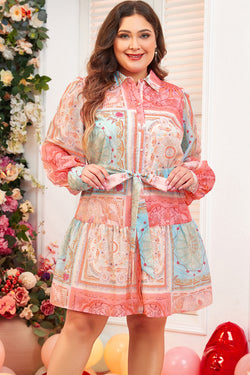 Plus Size Pink Patchwork Print Bubble Sleeve Belted Dress