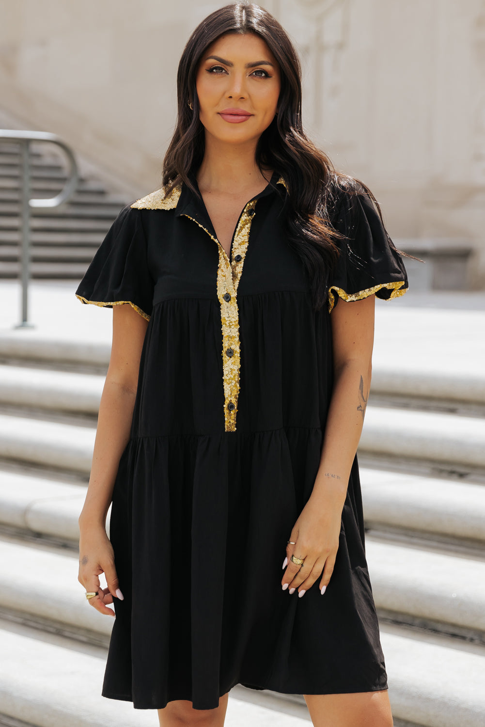 Black Shirt Dress with Bubble Sleeves and Sequin Trim for Game Day