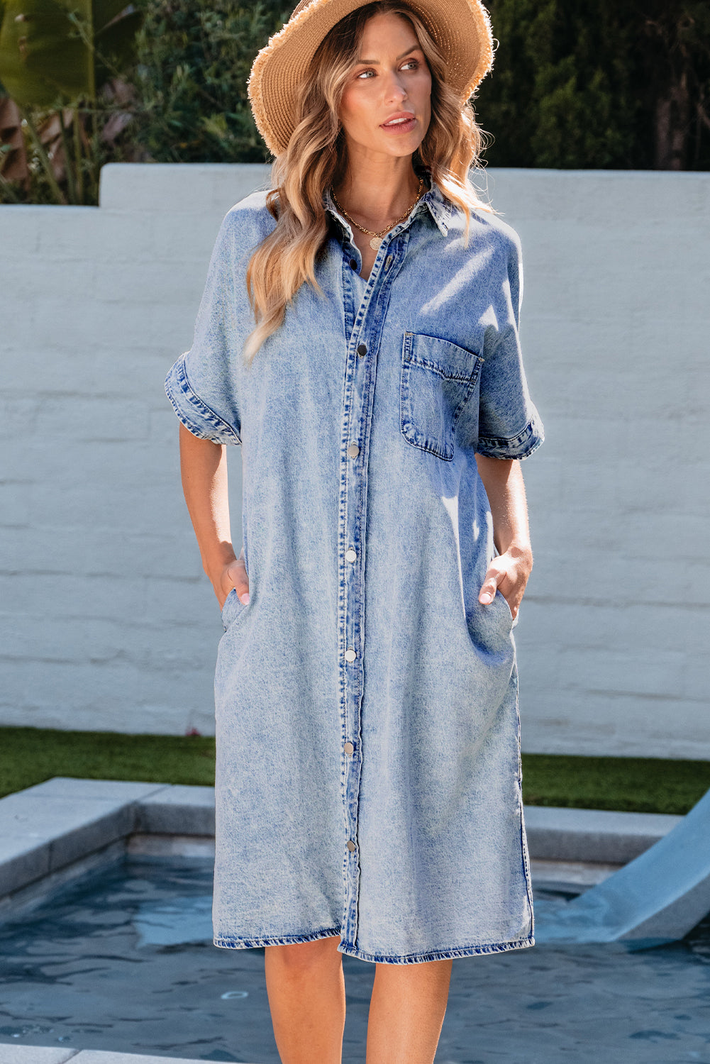 Hellblau lose mittlere Wäsche Kurzarm Hemd Chambray Kleid