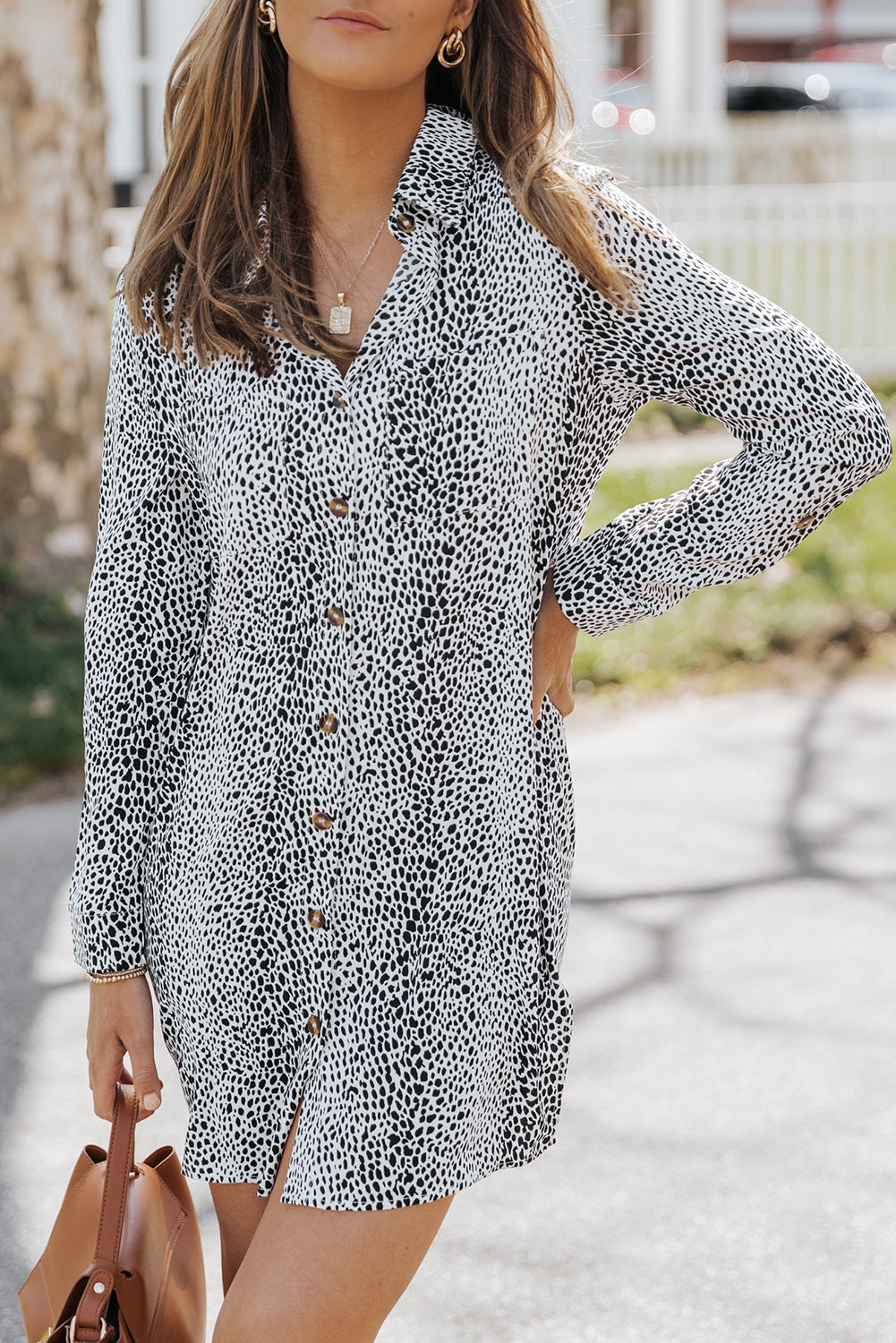 Vestido de camisa de estampado de animal de leopardo de manga larga