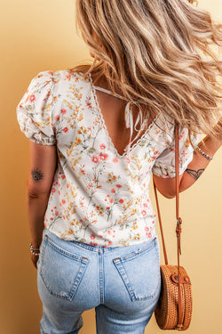 Beige blouse with short sleeves and Boho floral lace border