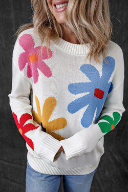 Colored white round -neck sweater with large flowers pattern