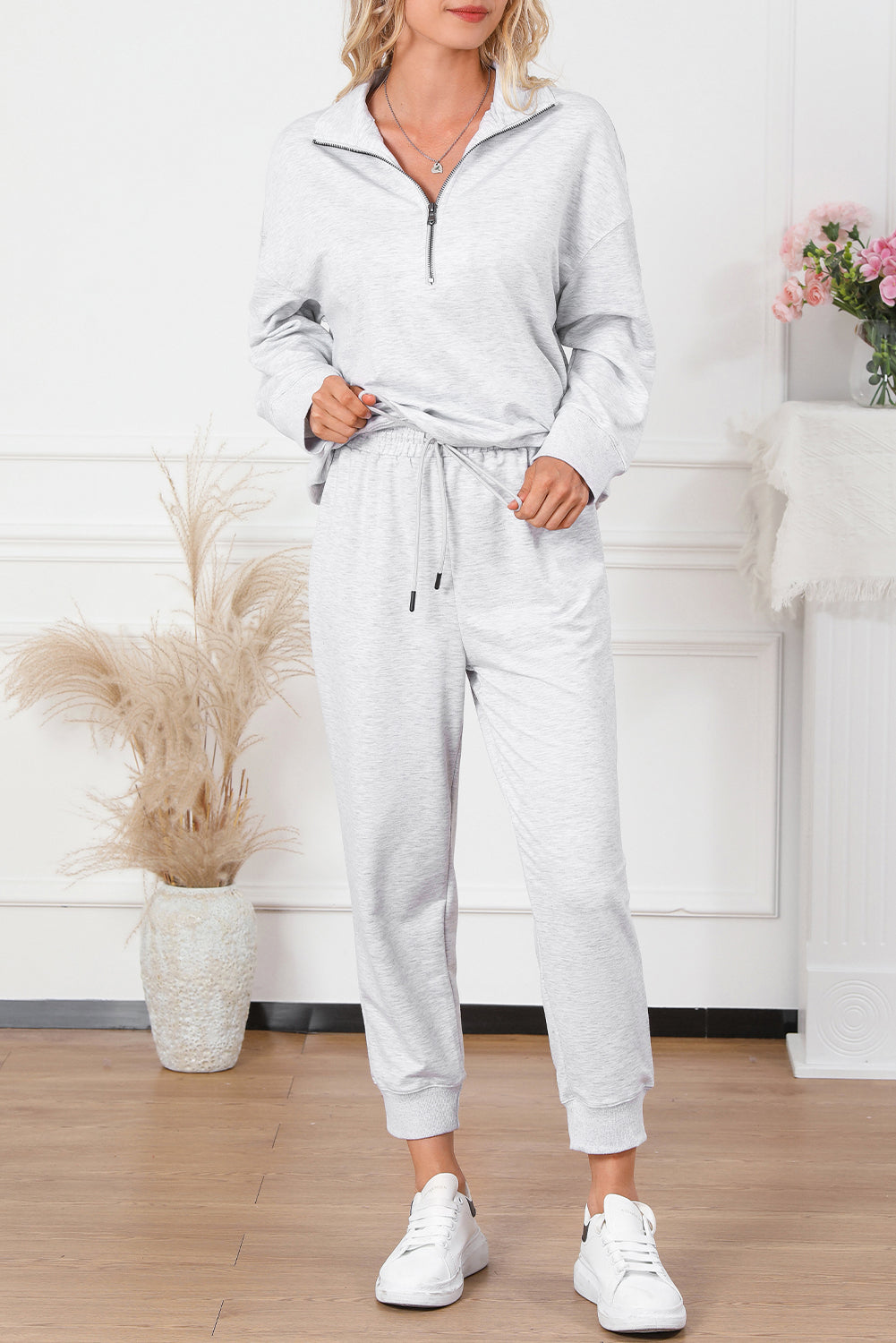 Ensemble de salon taille haute gris uni à demi-zippé avec cordon de serrage-A WOMAN WE LOVE