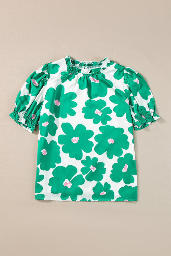 Flower verde blusa con mangas hinchadas *