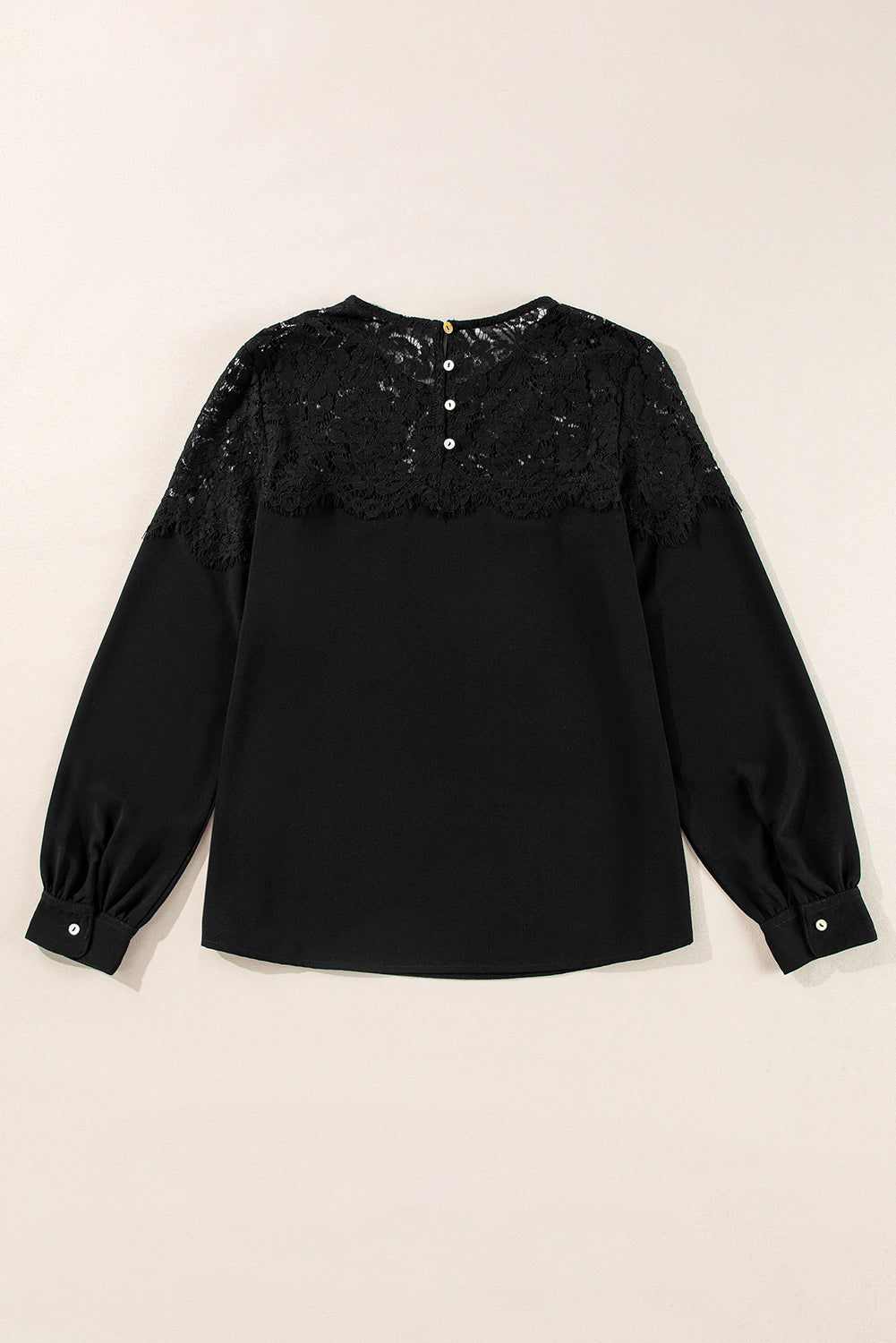 Black Lace Crochet Patchwork O Neck Long Sleeve Top