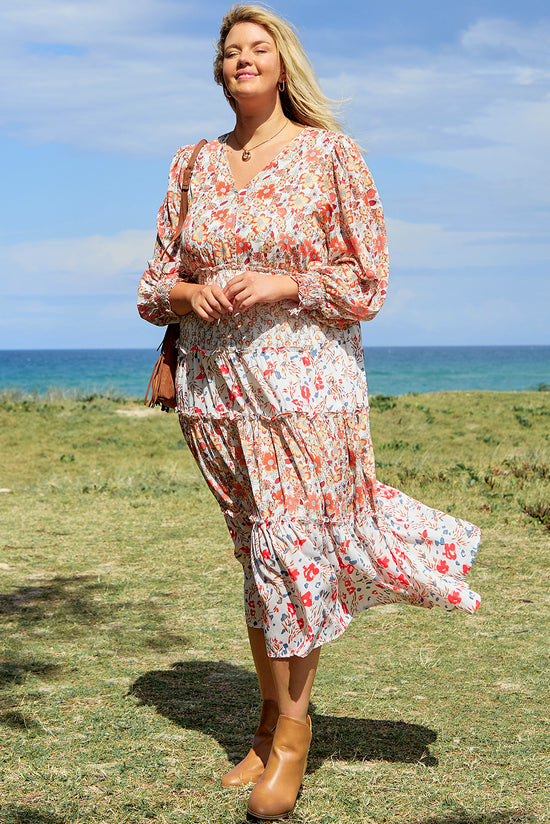 Khaki - Long Floral Dress with large stained steering