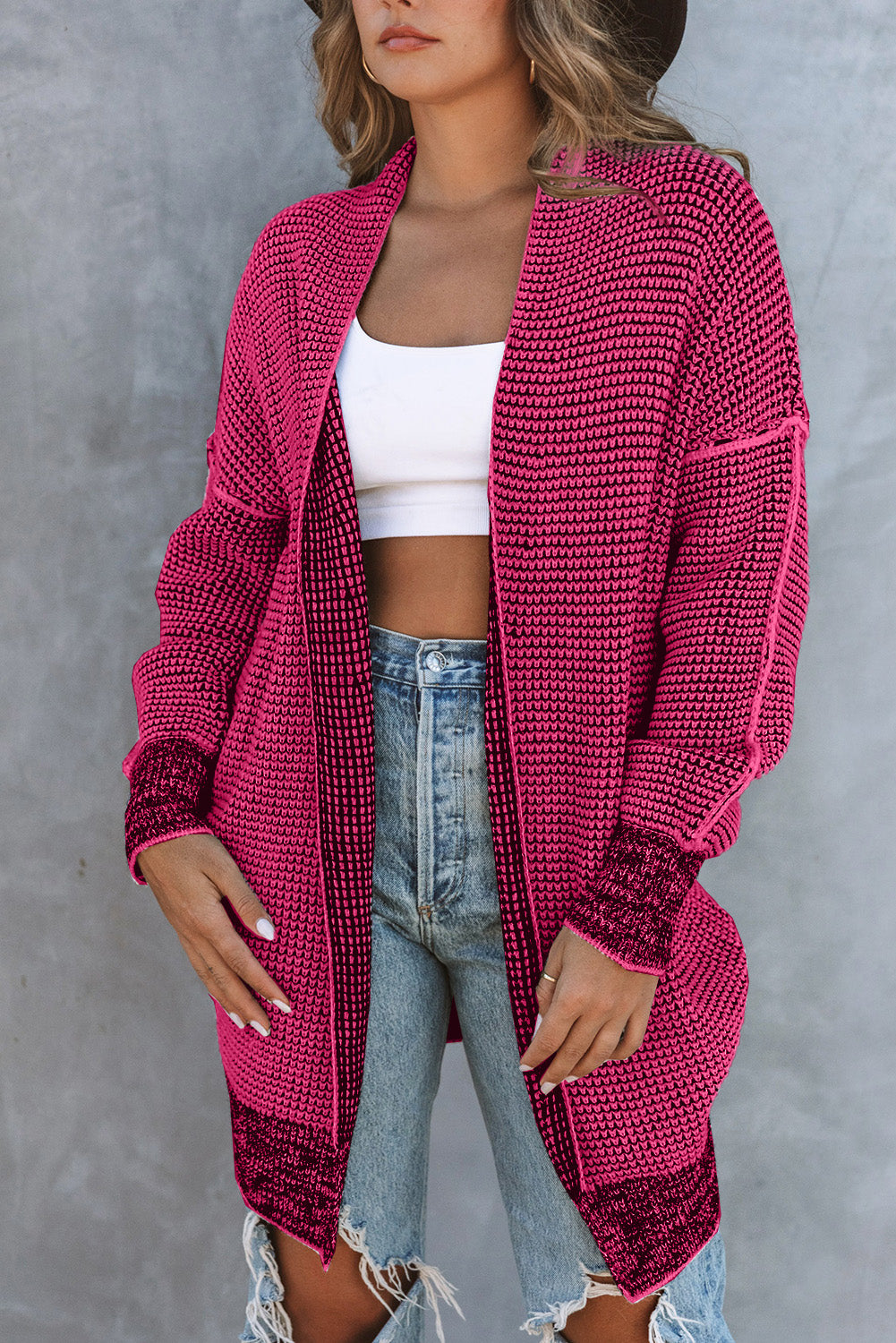 Rose Plaid a maglia a maglia con cardigan anteriore aperto lungo