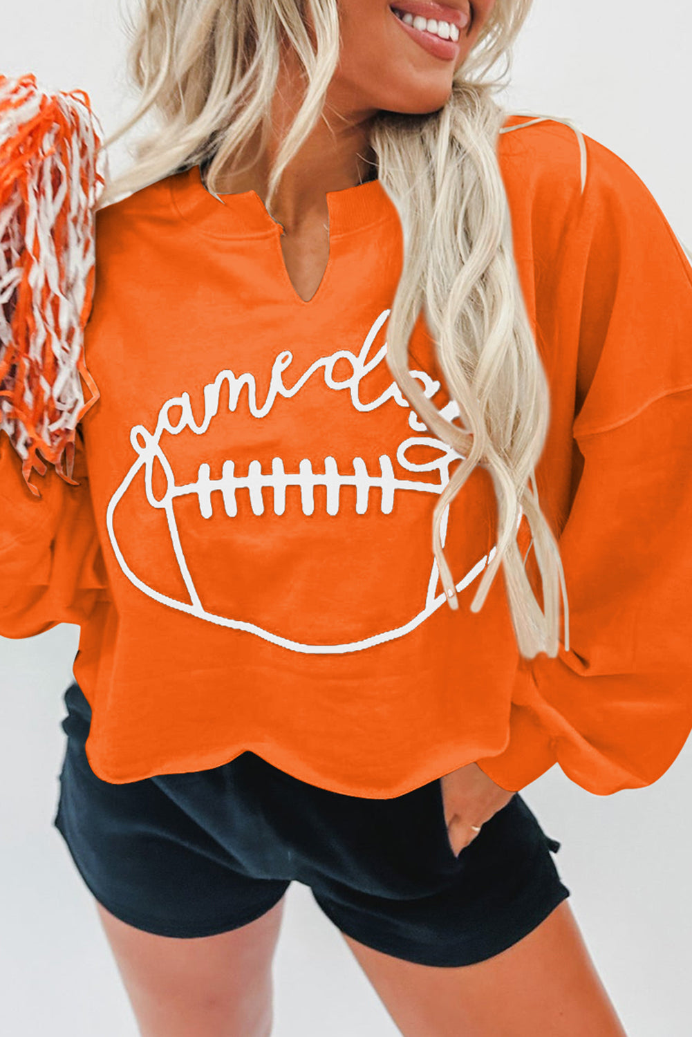 Letras del Día del Juego de Orange Rugby Notched Neck Sweatshirt