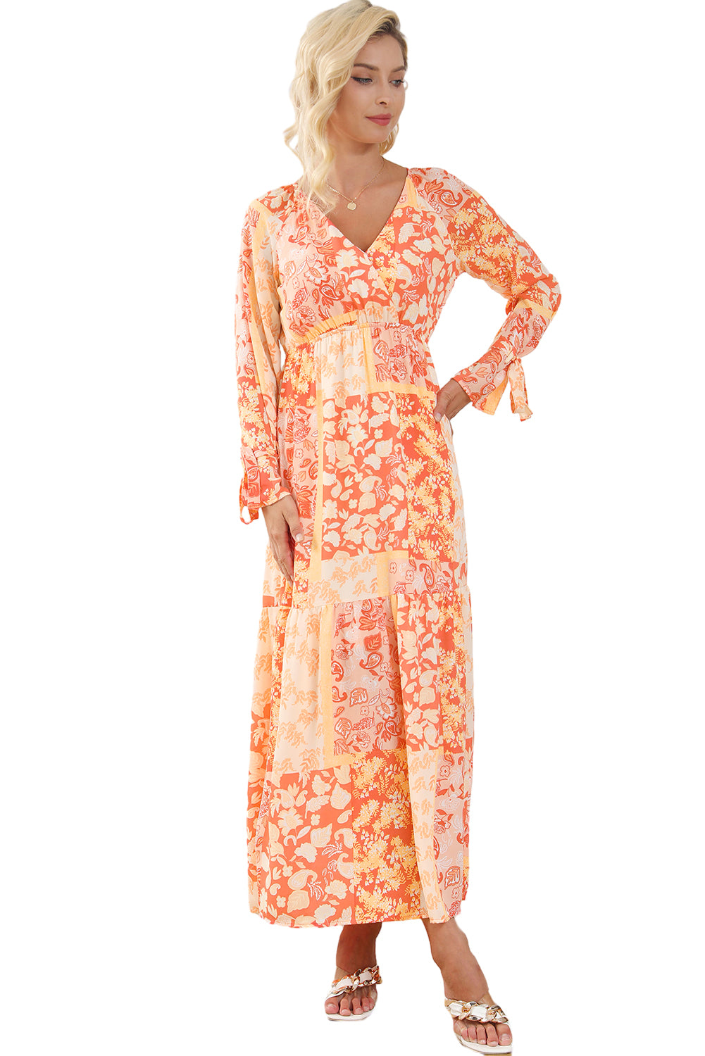 Orange Boho Floral Wrap V Corcha con cuello Vestido de manga larga