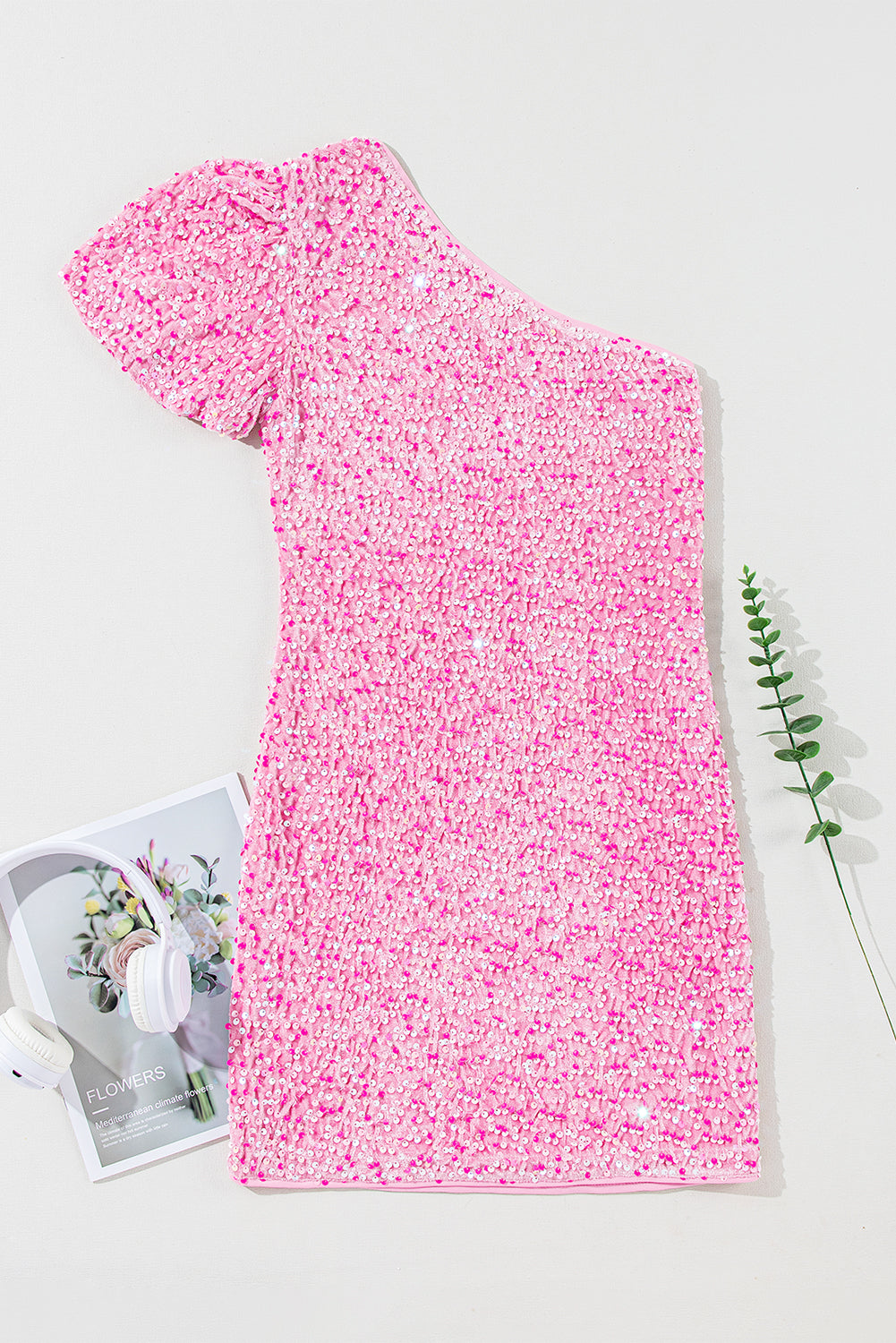 Pink One Shoulder Puff Sleeve Sequin Bodycon Mini Dress