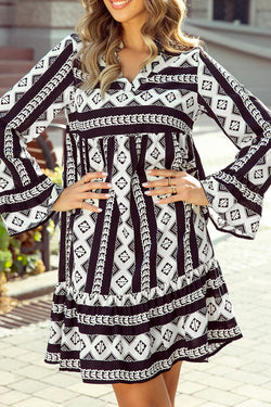 Black Boho Geometric Print Long Sleeve Flare Mini Dress