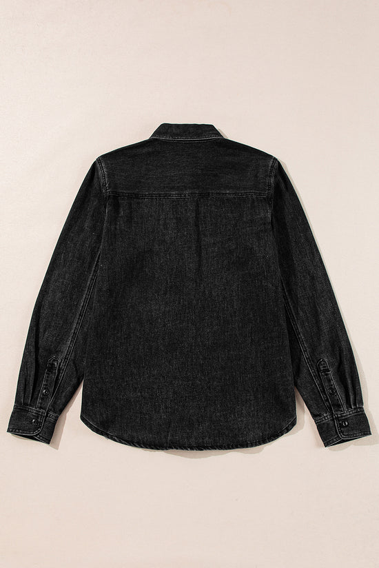 Black denim jacket with collar and buttons with flap pocket