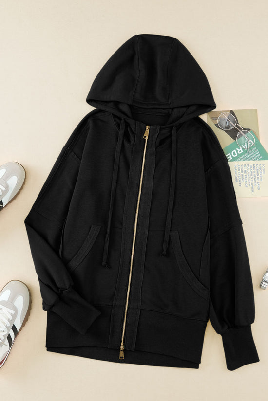 Black hooded sweatshirt with zipper and apparent seams