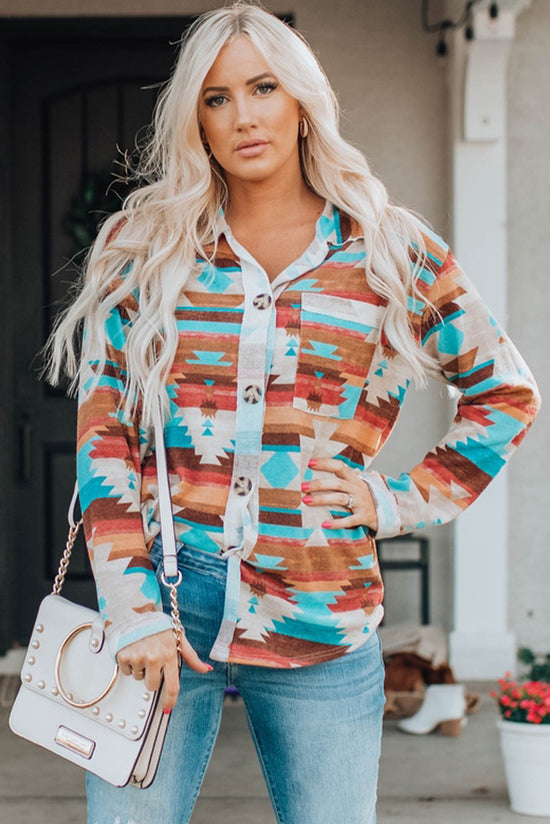 Long sleeve shirt with buttoned pocket and multicolored aztec print